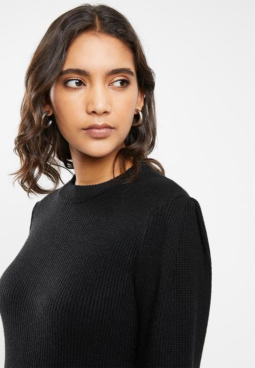 VELVET - Knit ribbed neck dress - black