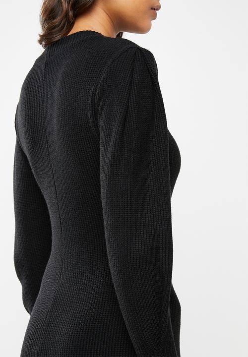 VELVET - Knit ribbed neck dress - black