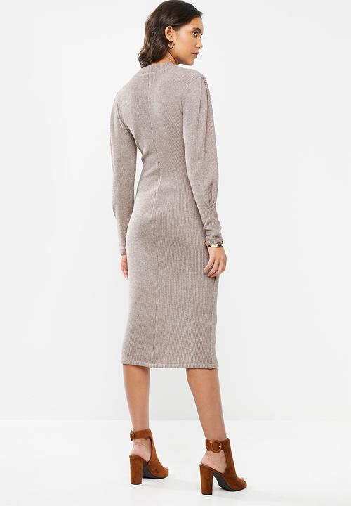 VELVET - Knit ribbed neck dress - taupe