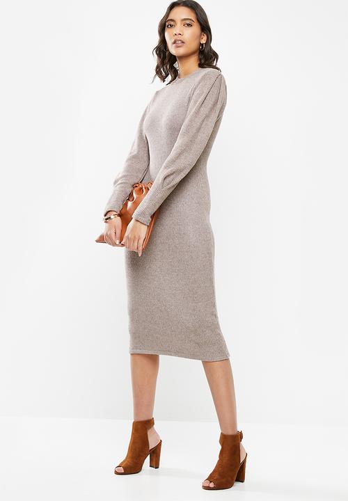 VELVET - Knit ribbed neck dress - taupe