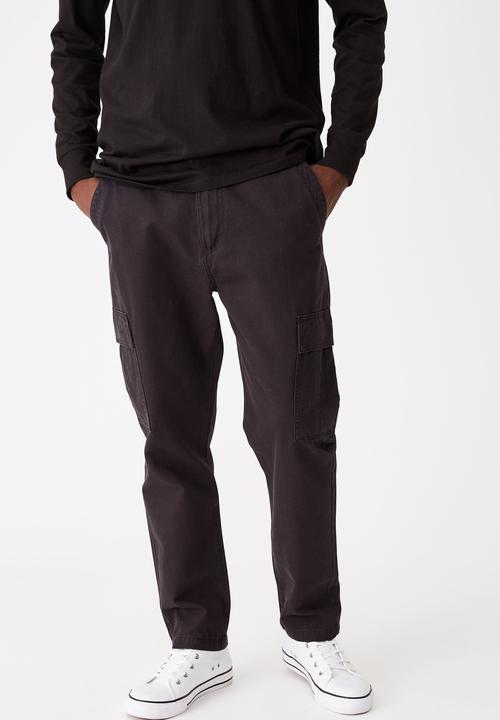 black cotton cargo trousers
