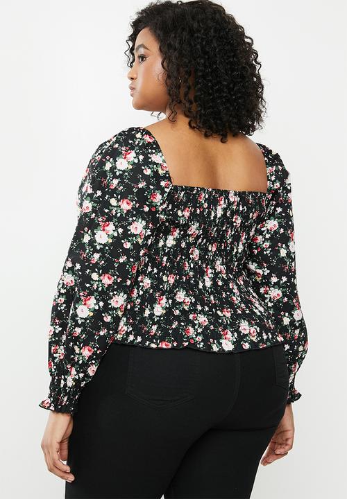 Missguided - Plus shirred body puff sleeve milkmaid top rose print - black