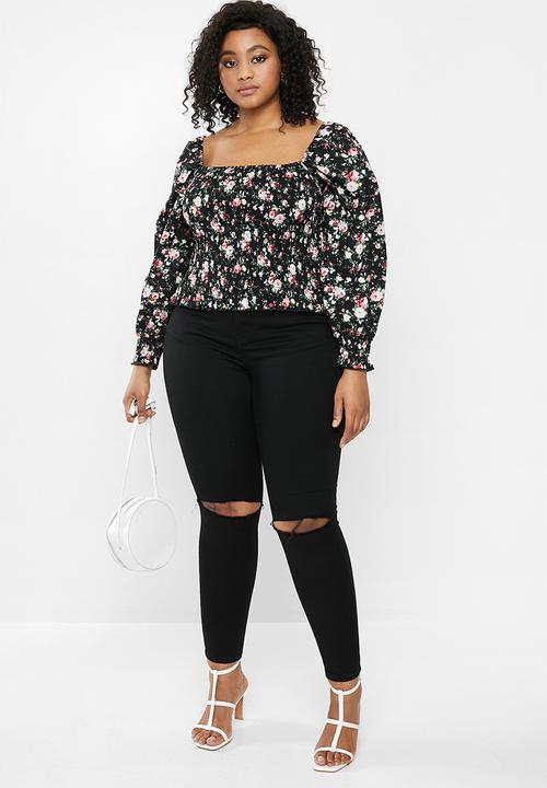 Missguided - Plus shirred body puff sleeve milkmaid top rose print - black