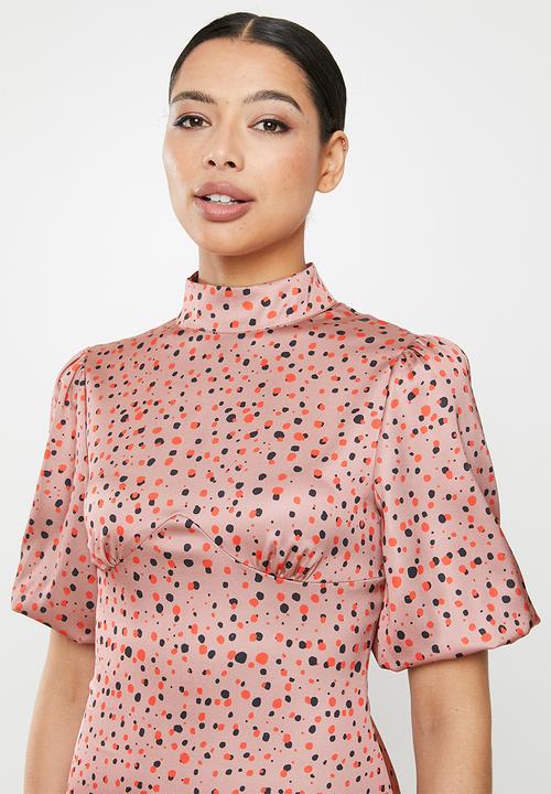 Glamorous - Rose spotted midi with puff sleeve - pink