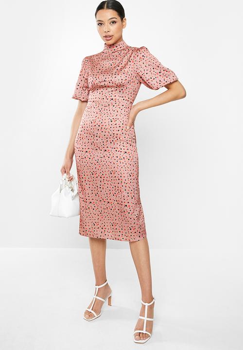 Glamorous - Rose spotted midi with puff sleeve - pink