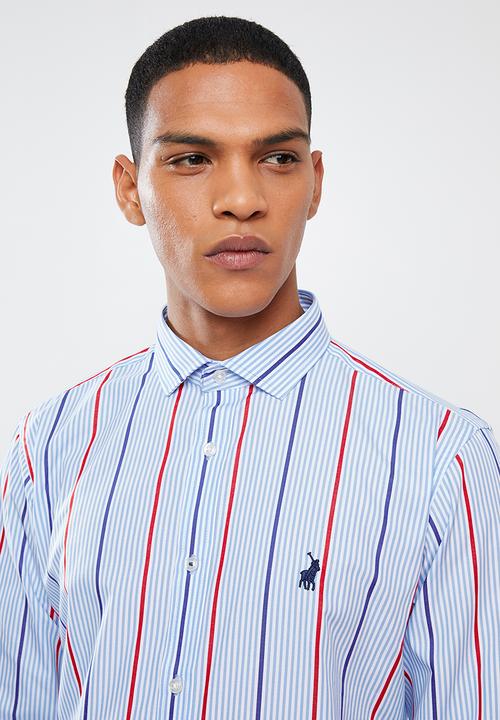POLO - Mens Reece signature stripe long sleeve shirt-  blue & red 