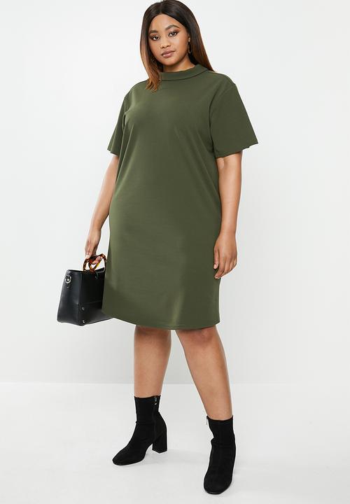edit Plus - Flute collar shift dress - khaki