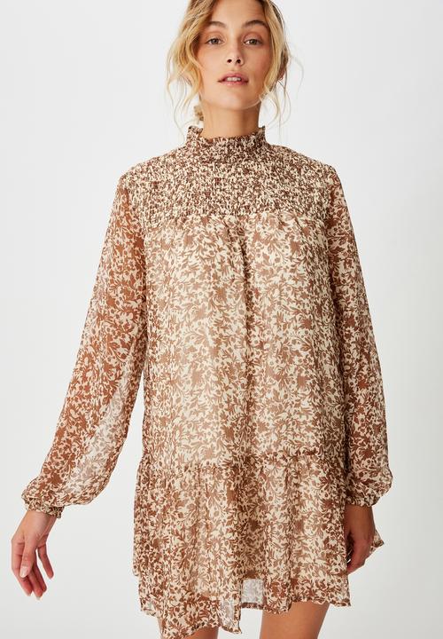 Cotton On - Woven mish shirred mock neck mini dress - anya floral soft sand