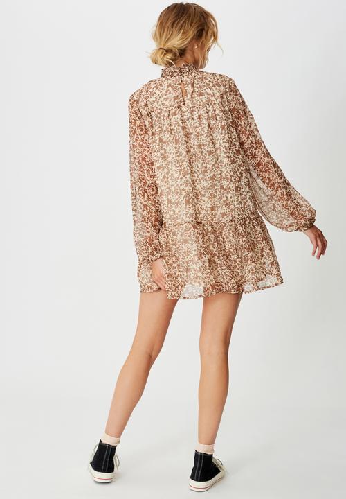 Cotton On - Woven mish shirred mock neck mini dress - anya floral soft sand