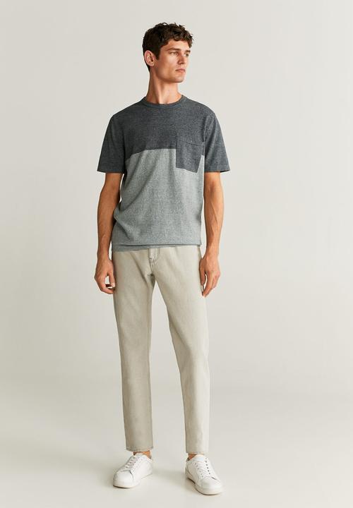 MANGO - Cotton linen-blend knit t-shirt  pastel grey