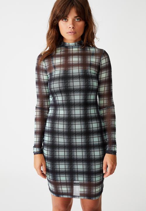 Factorie - Mesh long sleeve funnel neck dress - misty jade 