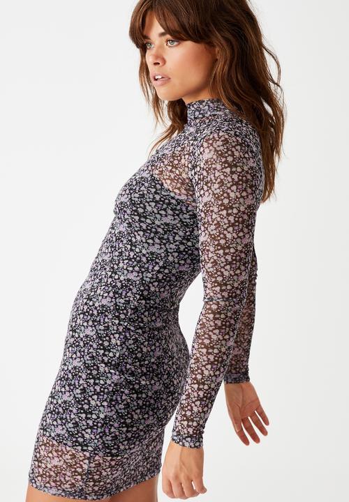 Factorie - Mesh long sleeve funnel neck dress - black & purple 
