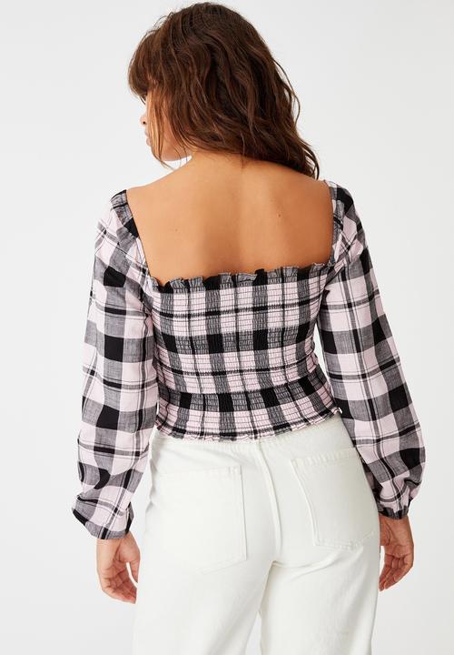 Factorie - Shirred long sleeve top - purple & black 