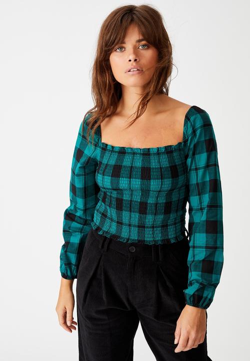 Factorie - Shirred long sleeve top - pacific green & black 