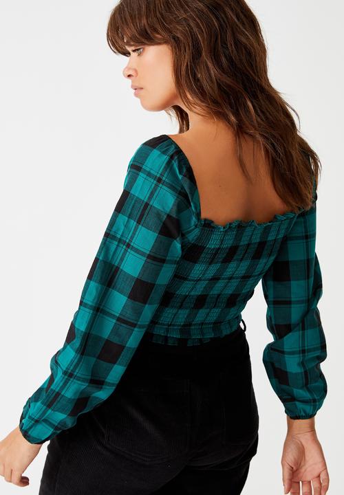 Factorie - Shirred long sleeve top - pacific green & black 