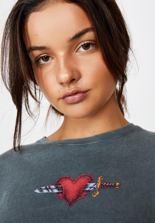 Factorie - Short sleeve raw edge crop T-shirt - washed grey