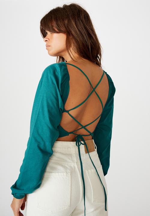 Factorie - Tie up back statement sleeve top - pacific
