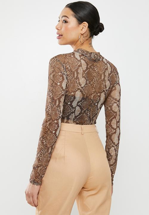 Missguided - Snake print high neck mesh bodysuit - brown