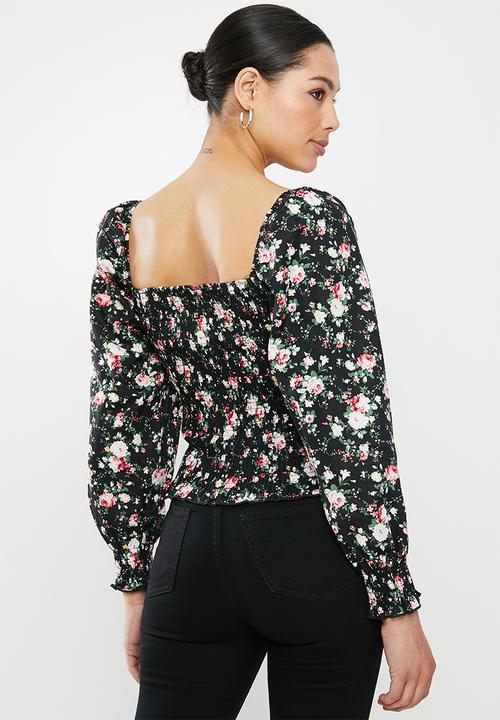 Missguided - Shirred body puff sleeve milkmaid top rose print - black