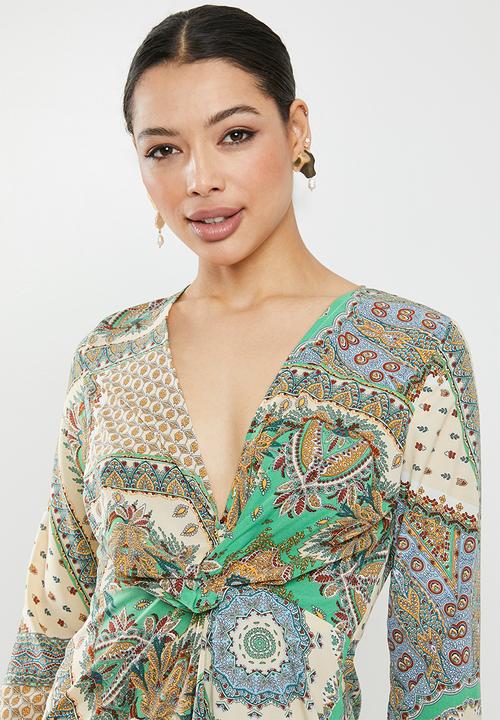 Missguided - Scarf print twist front mini dress - green