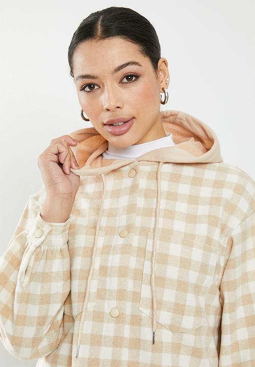 Missguided - Brushed check hooded shacket - beige