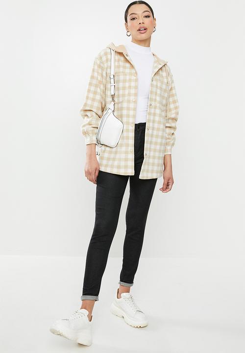 Missguided - Brushed check hooded shacket - beige