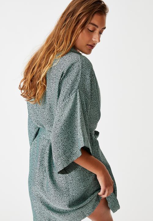 Cotton On - Satin kimono gown - green & black 