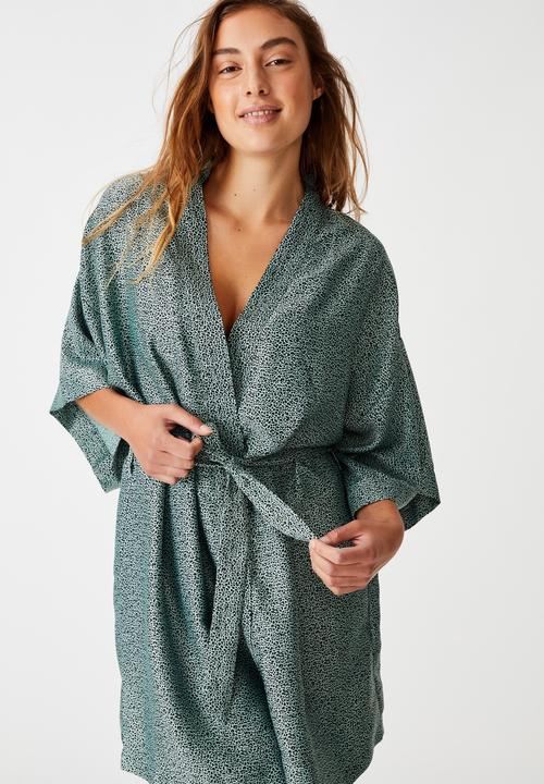 Cotton On - Satin kimono gown - green & black 