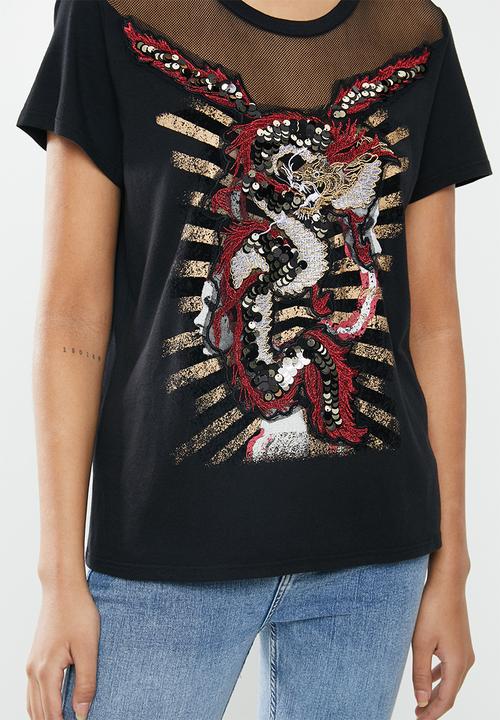 GUESS - Short sleeve embellished dragon ez tee - black