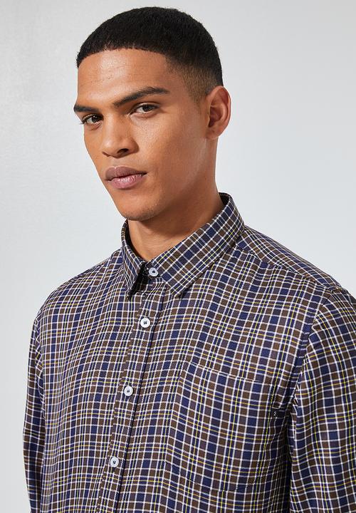 Superbalist - Barber regular fit long sleeve oxford shirt - navy & brown