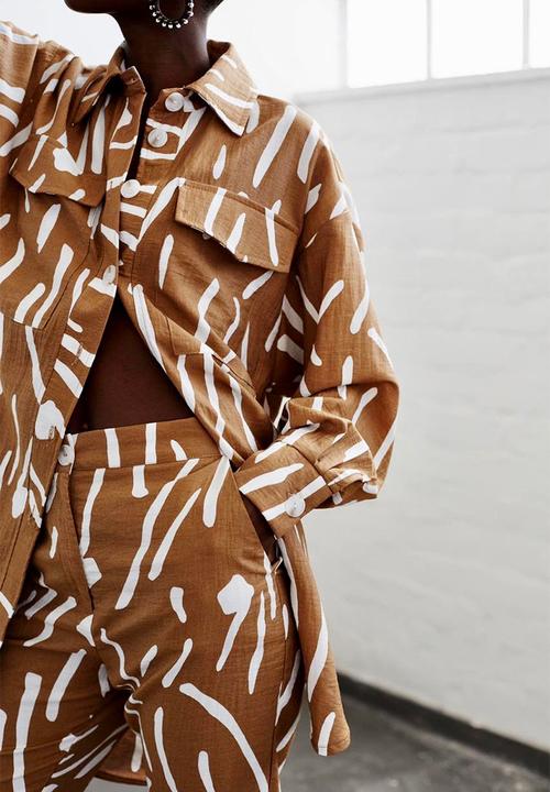Me&B - Tapered leg pant - brown & white 