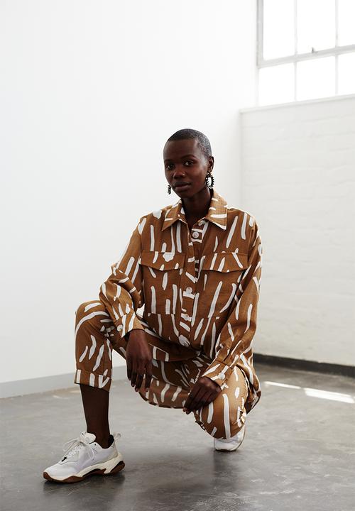 Me&B - Tapered leg pant - brown & white 