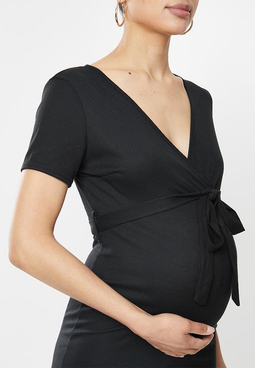 Missguided - Maternity wrap belted ribbed wide leg jumpsuit - black