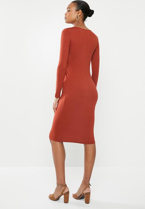 edit - Long sleeve side knot midi dress - rust
