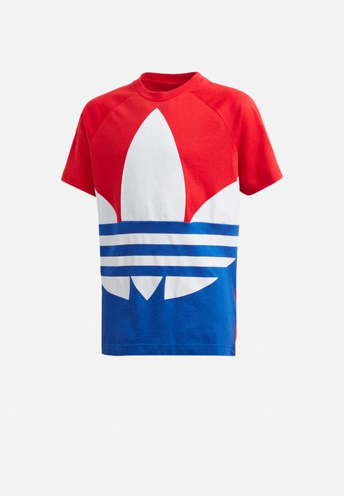 red and blue adidas shirt