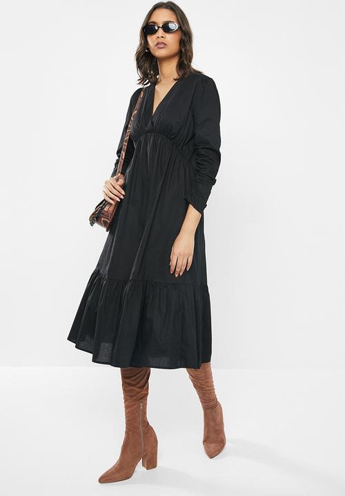 VELVET - Cotton v-neck tiered midi dress - black