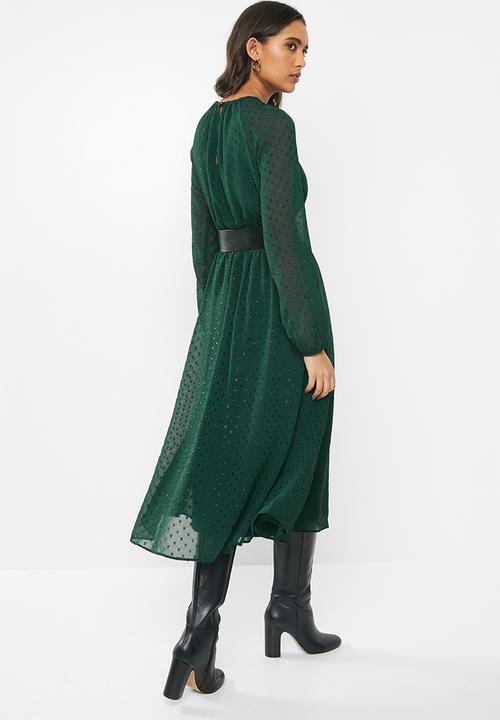 VELVET - Pu belt midi dress - emerald