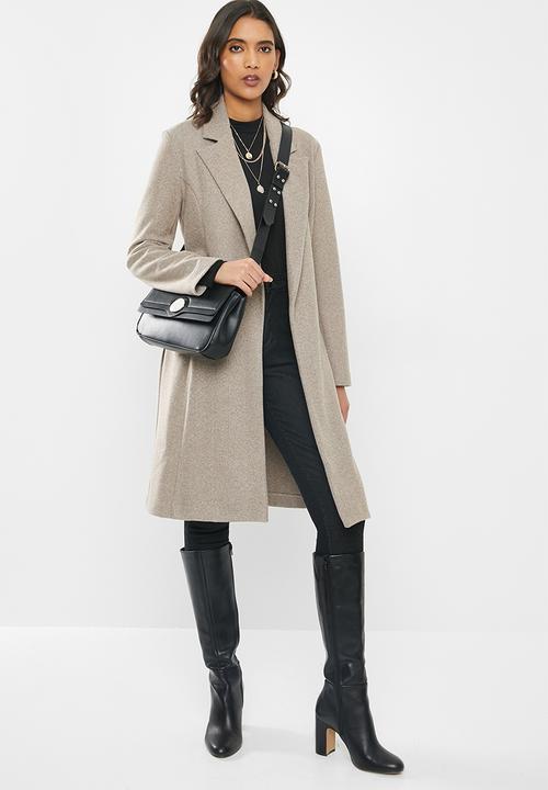 VELVET - Melton long sleeve self belted coat - oatmeal