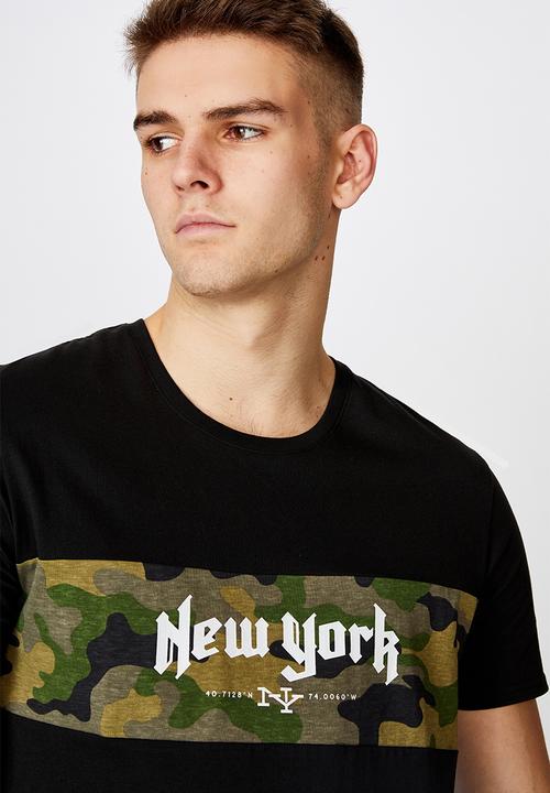 Factorie - Ny camo curved panel graphic T- shirt - black