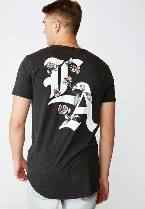 Factorie - LA rose curved graphic T-shirt - washed black