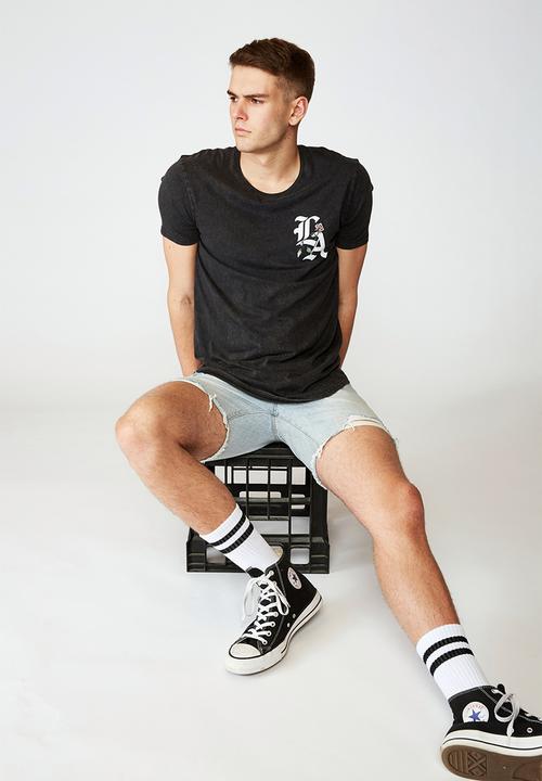 Factorie - LA rose curved graphic T-shirt - washed black