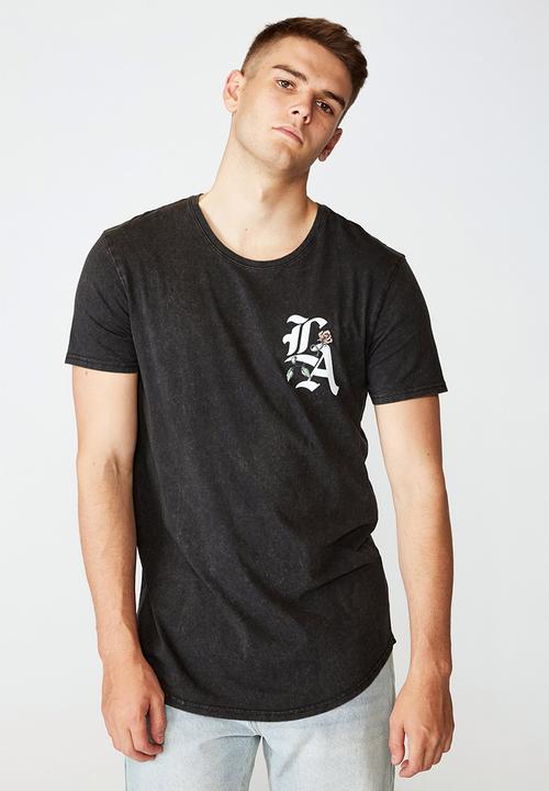 Factorie - LA rose curved graphic T-shirt - washed black