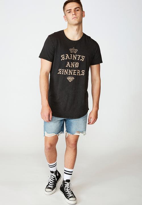 Factorie - Saints and sinners curved graphic T-shirt - washed black