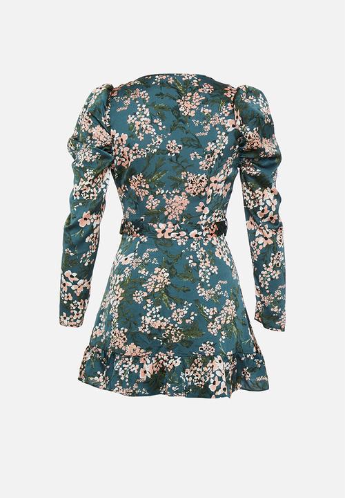 Missguided - Petite puff sleeve ruffle hem wrap tea dress floral - teal