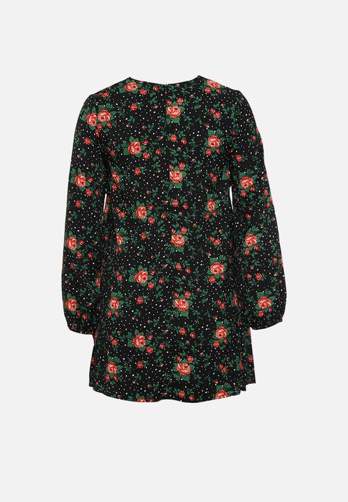 Missguided - Petite long sleeve floral shift dress - black