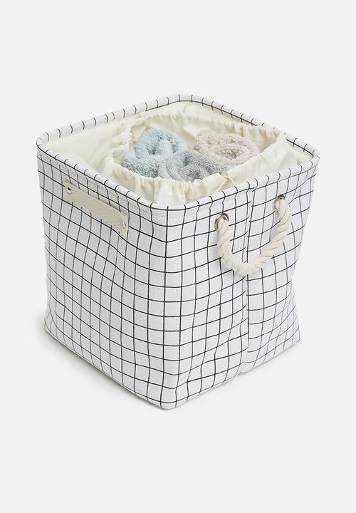 Sixth Floor - Large grid linen storage basket with drawstring - white