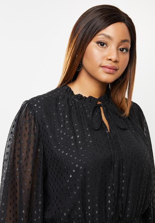 edit Plus - Fully lined metallic high neck dress - black 