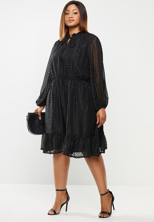 edit Plus - Fully lined metallic high neck dress - black 