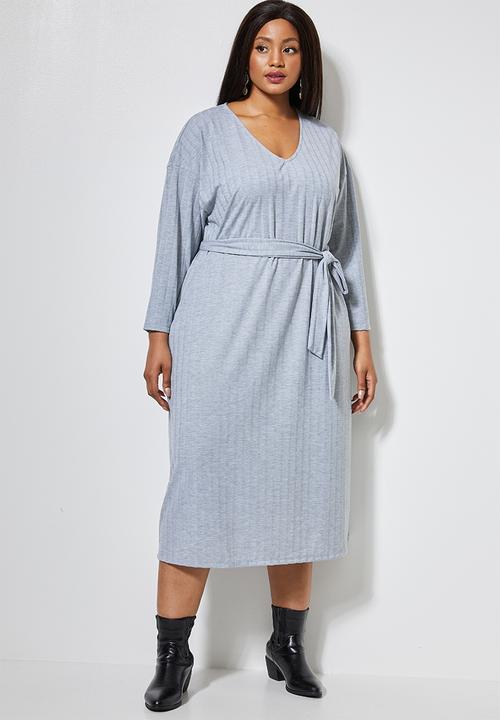 Superbalist - Rib knit tie drop shoulder dress - grey 