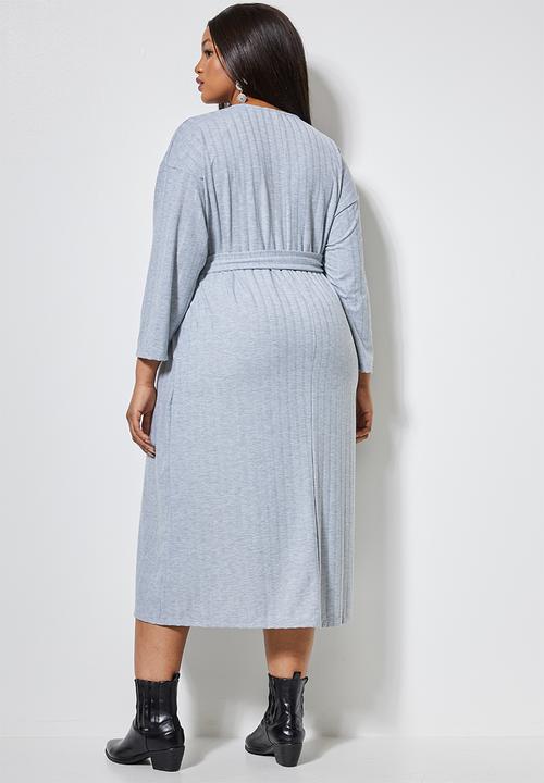 Superbalist - Rib knit tie drop shoulder dress - grey 